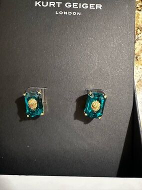 Kurt Geiger Emerald Teal Crystal Stud Earrings with Gold Detail